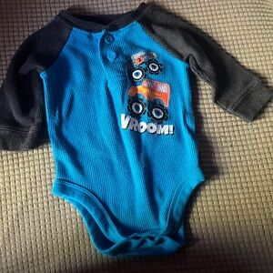 Blue and Gray Baby One Piece with Monster Truck Design